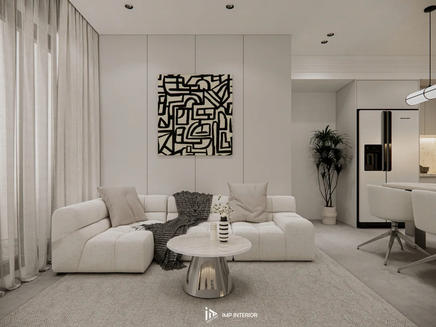 Phòng khách hiện đại tông trắng xám do IMP Interior thiết kế